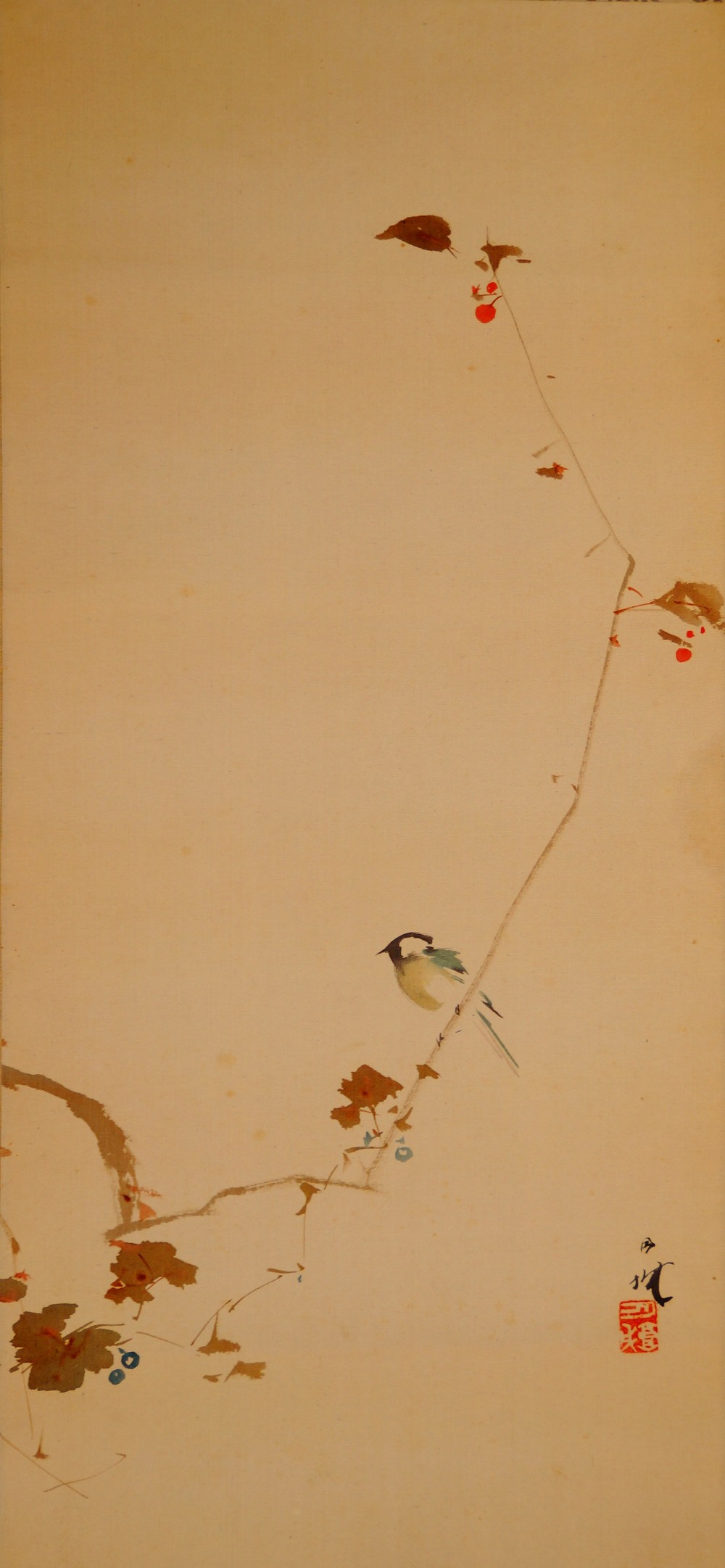 Ein Singvogel auf einem duennen Rebzweig mit roten und blauen Beeren im Kakemono von Mori Getsujo mit Kuenstlersignatur und rotem Siegel