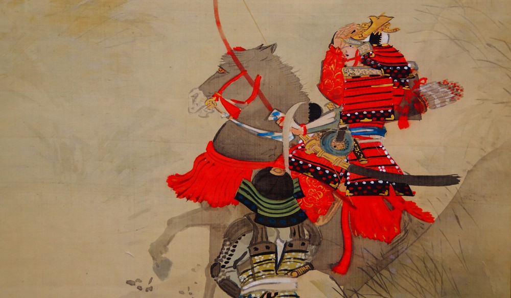 Samurai en campaña de Kikuchi Yosai motivo samurai primer plano