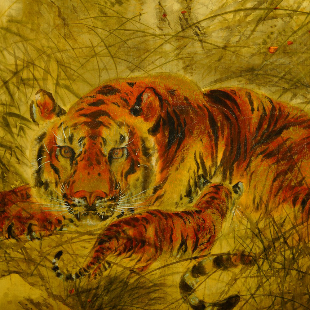 Tiger und Junges Kakemono von Tamaoki Raiseki Motiv Nahaufnahme Vorschau