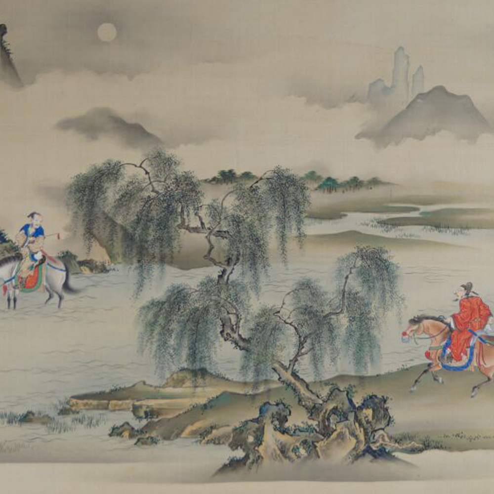Weitere Ansicht der beiden Reiter mit Mond und fernen Bergen im Kakemono Begegnung am Fluss, ohne Rahmung