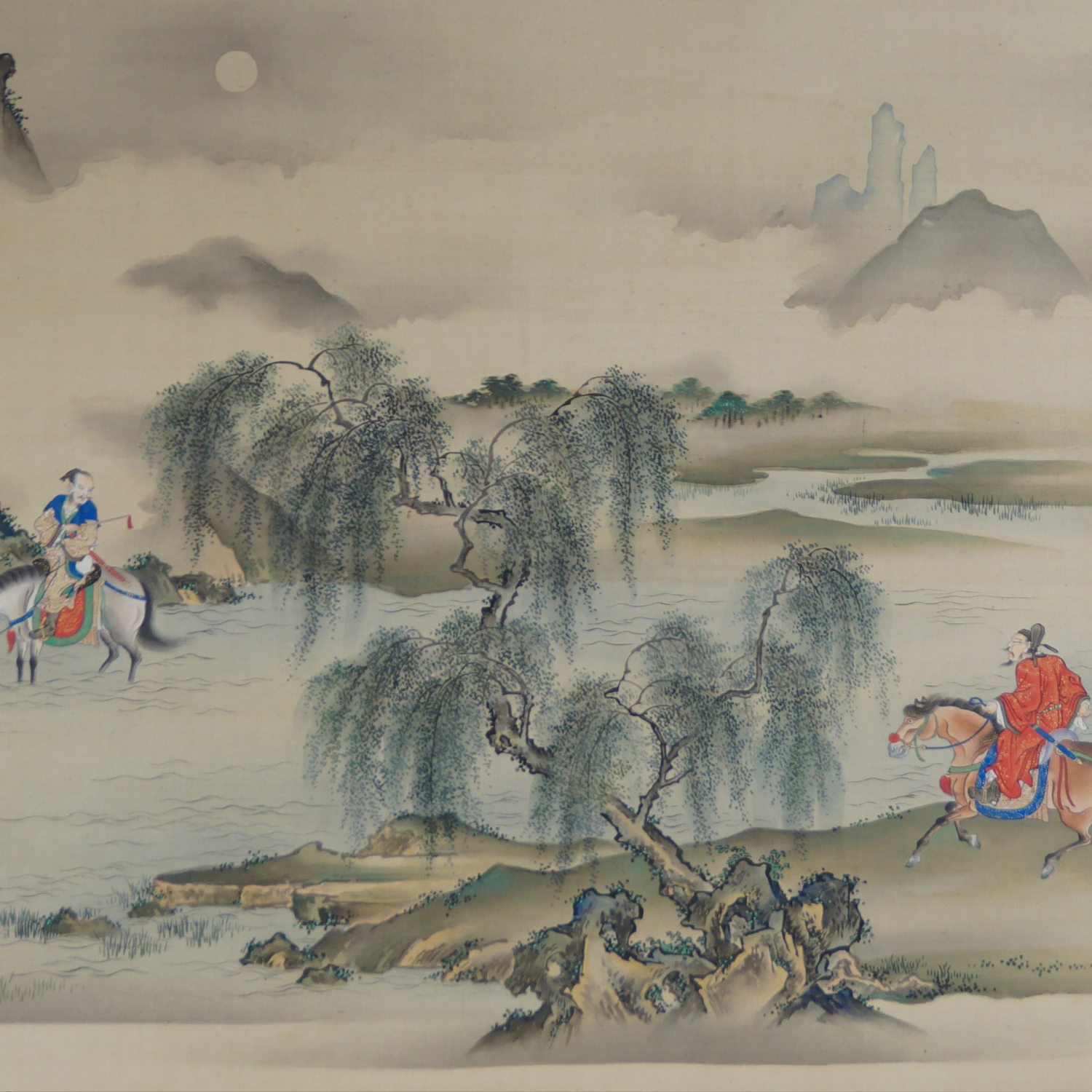 Weitere Ansicht der beiden Reiter mit Mond und fernen Bergen im Kakemono Begegnung am Fluss, ohne Rahmung