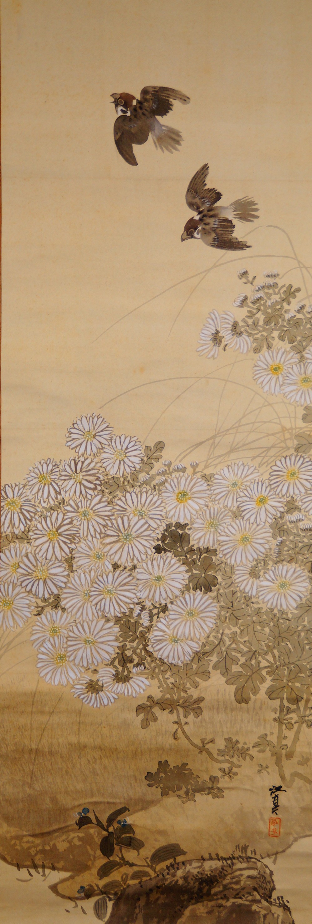 Sperlinge ueber Chrysanthemen Kakemono von Fukui Kotei Gesamtmotiv ohne Rahmung