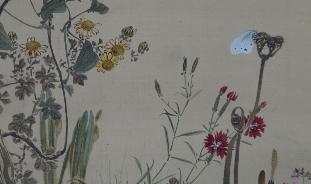 Kakemono by Shibata Zeshin: white butterfly over red carnations and autumnal riverside grasses.