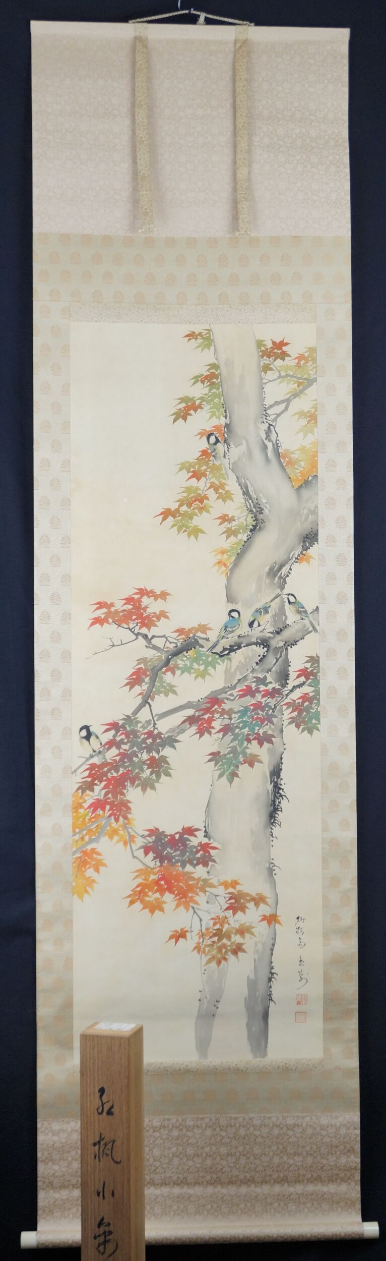 Kakemono Oiseaux dans l'érable automnal par Imai Keiju en vue d'ensemble encadrée avec boîte de rangement