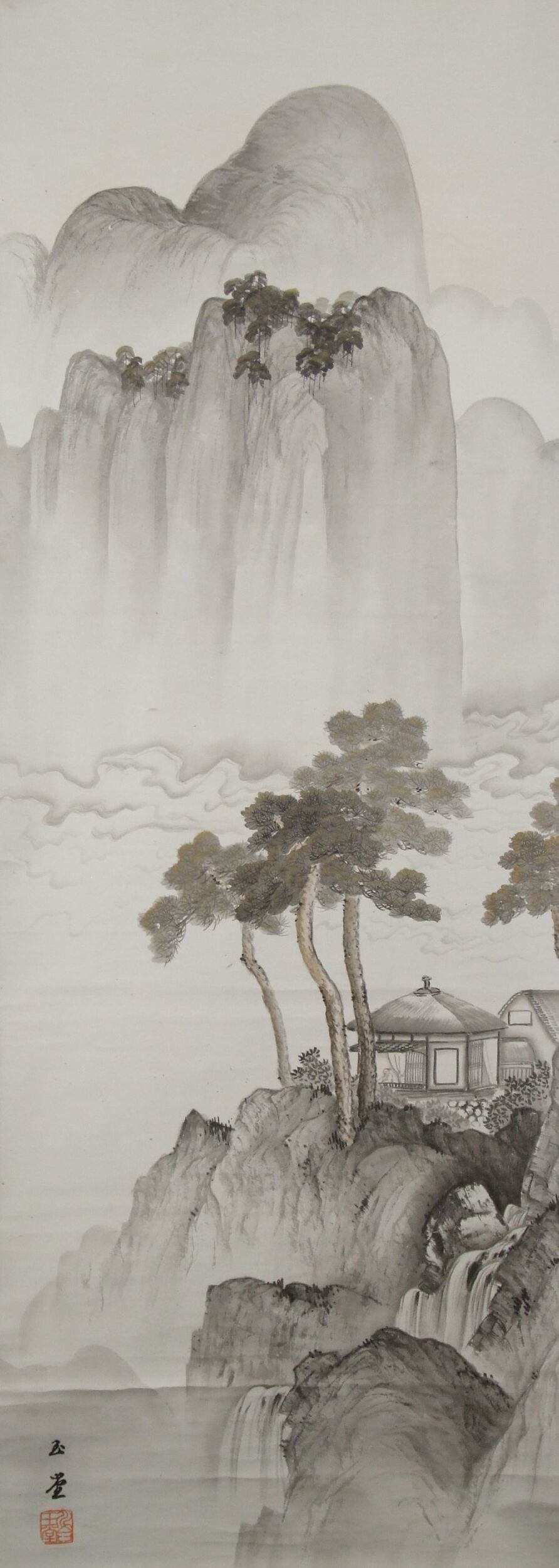 Motif d'ensemble du kakemono paysage avec pavillon avec signature d'artiste et sceau, sans montage