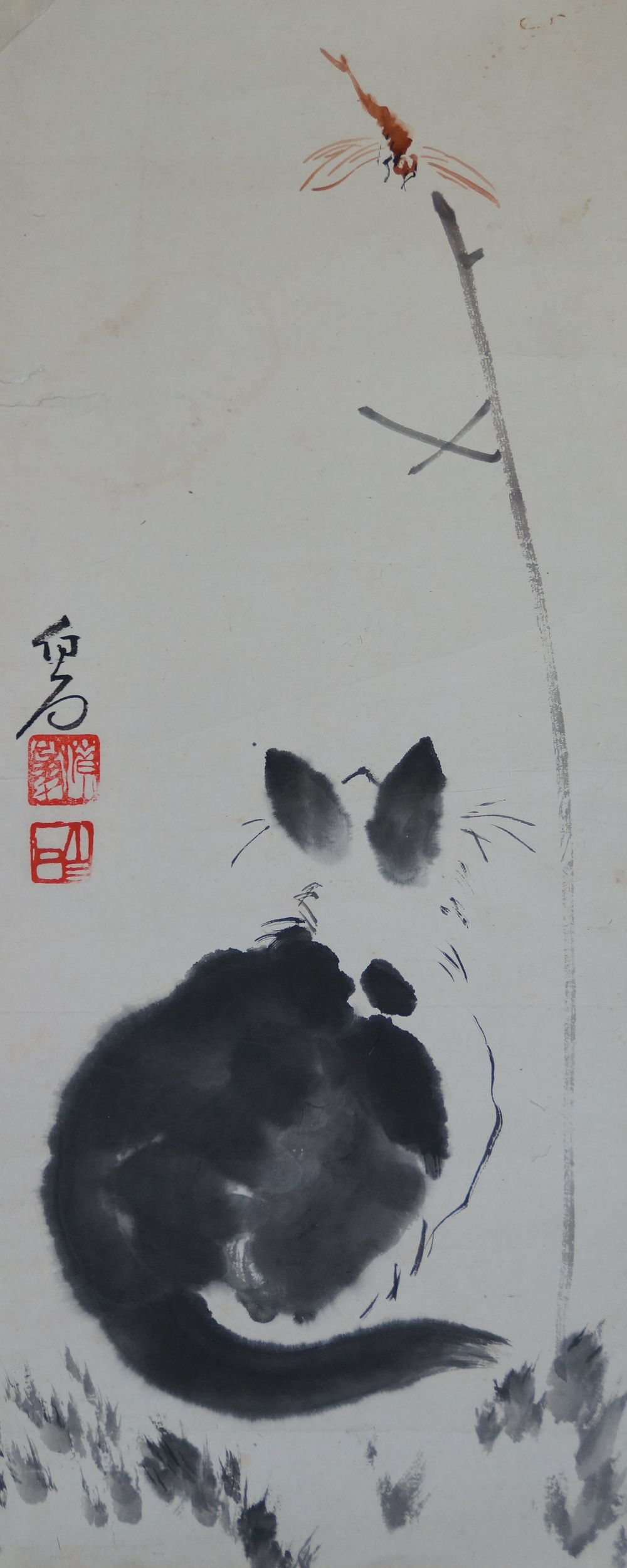 Autre vue du Makuri non encadré Chat noir et libellule à l'encre