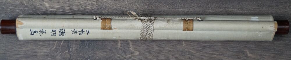 Zusammengerolltes Kakemono Singender Vogel im Kirschbluetenzweig mit Verschlussband und Beschriftung