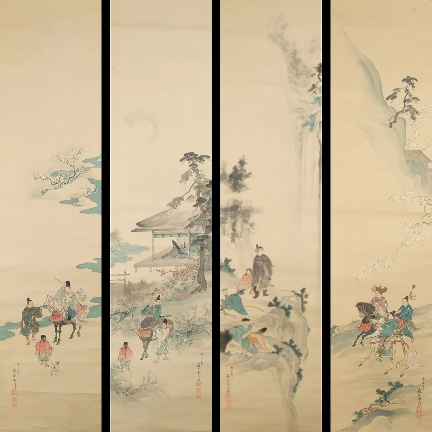 Die vier Gemälde des Sets nebeneinander: Falkenjagd, Mondnacht in Sagano, Wasserfall von Yōrō und Nakoso-Schranke