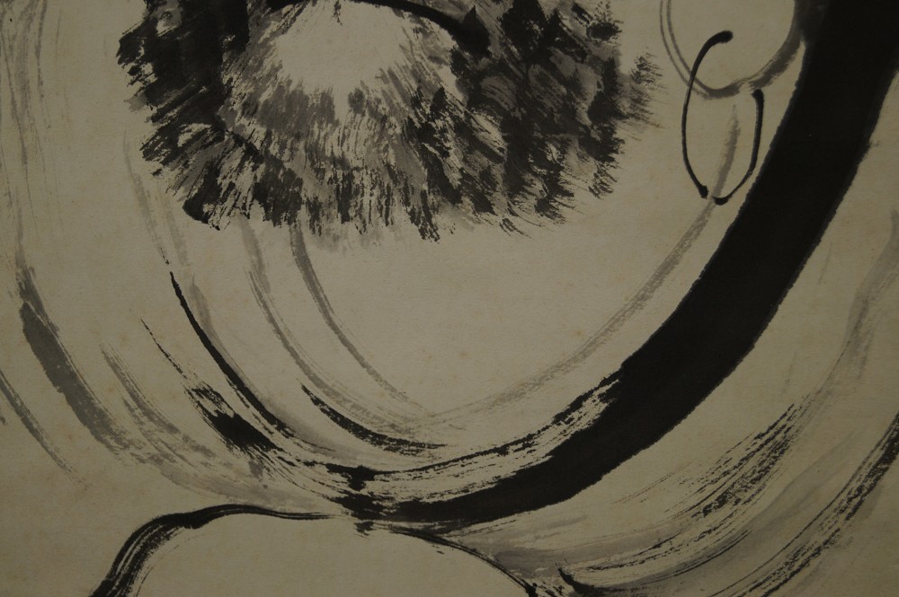 Bodhidharma mit durchdringendem Blick Pinselfuehrung Nahaufnahme 2
