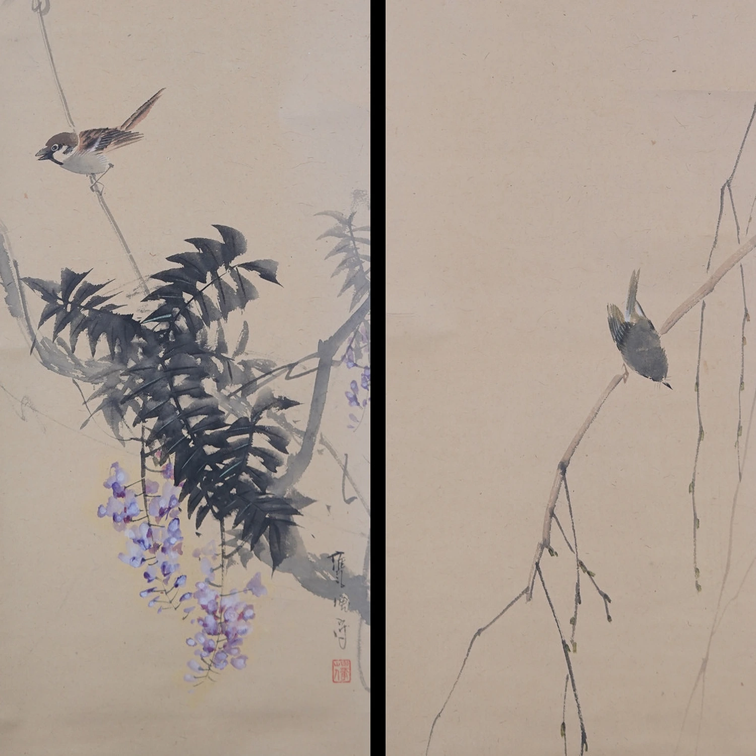 Full motif of both hanging scrolls of the Sparrow on Wisteria and Willow Branch set side by side, without mounting