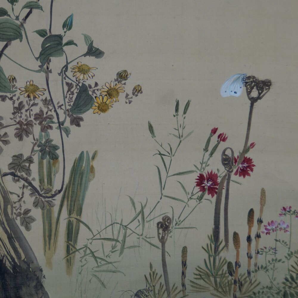 Weitere Detailansicht von Schmetterling, Nelken und Chrysanthemen im Kakemono
