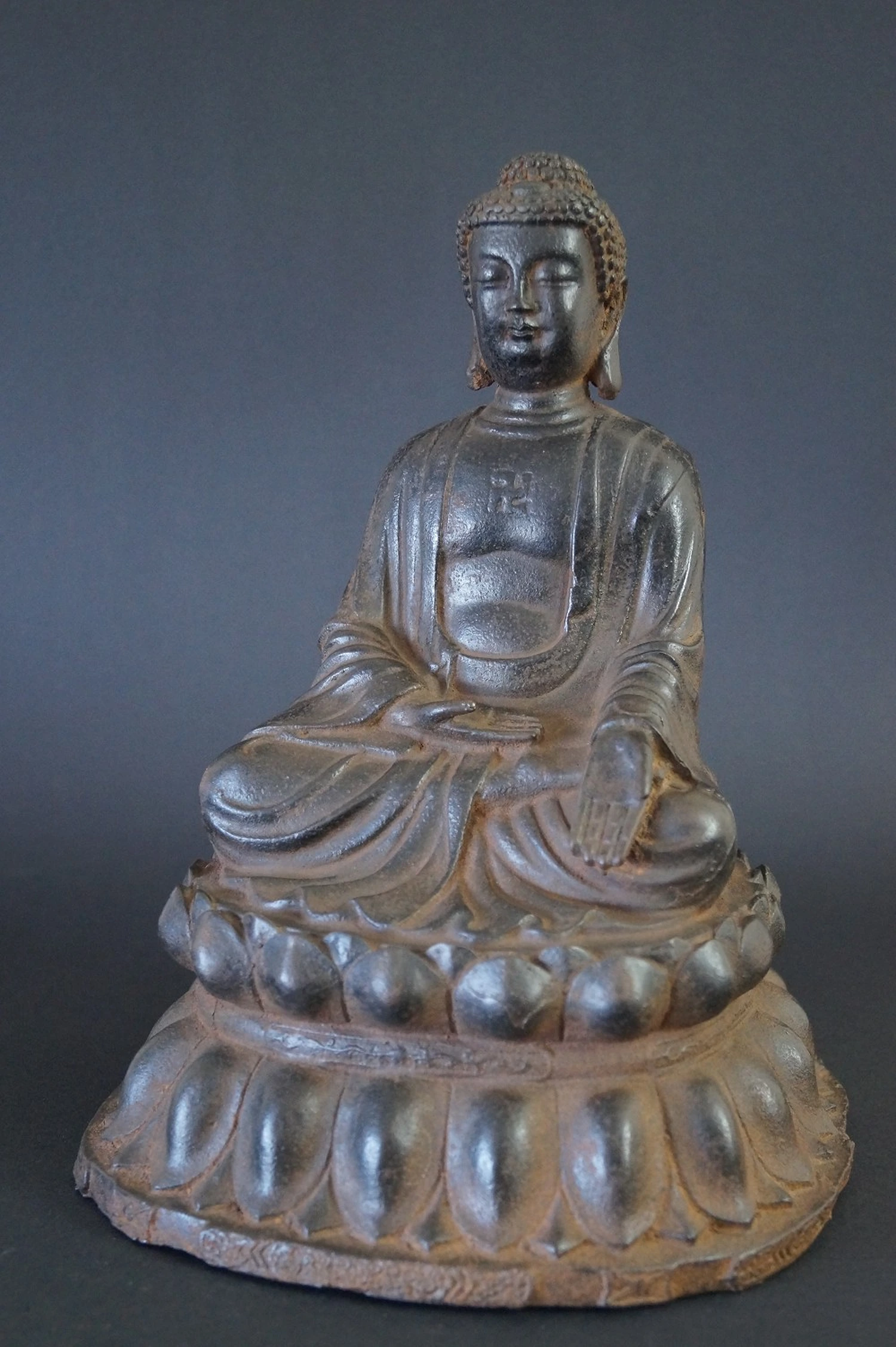 Japanese Buddha Figure Made of Iron Front View