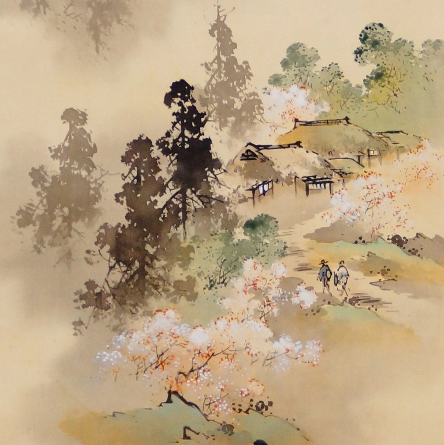 Fruehlingsdoerfchen im Nebel Kakemono von Ozeki Keishu Motiv Nahaufnahme Vorschau