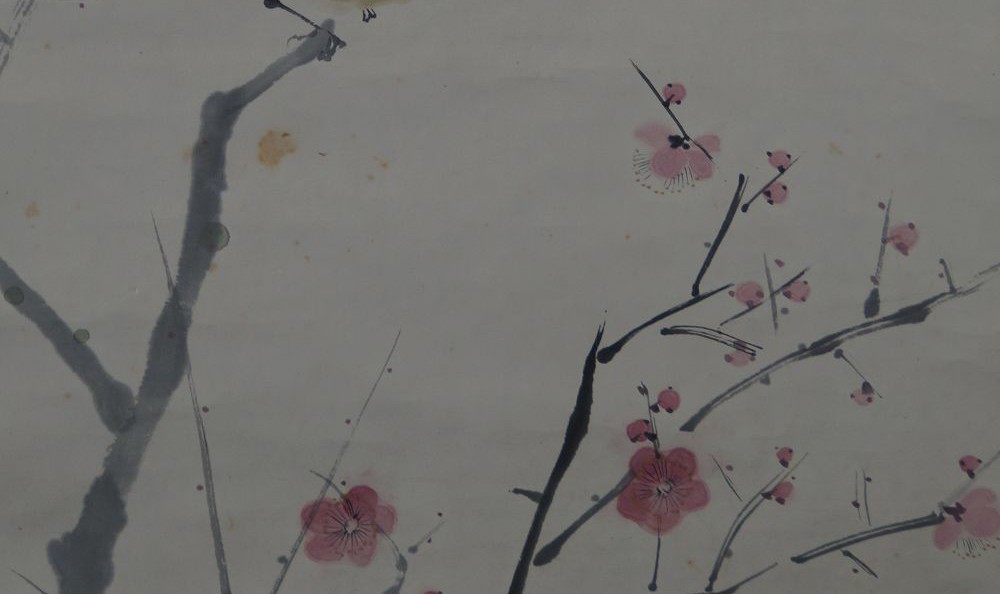 Kakemono von Yoshida Shūkō: Nachtigall auf einem Pflaumenast, in Farbe auf Seide.