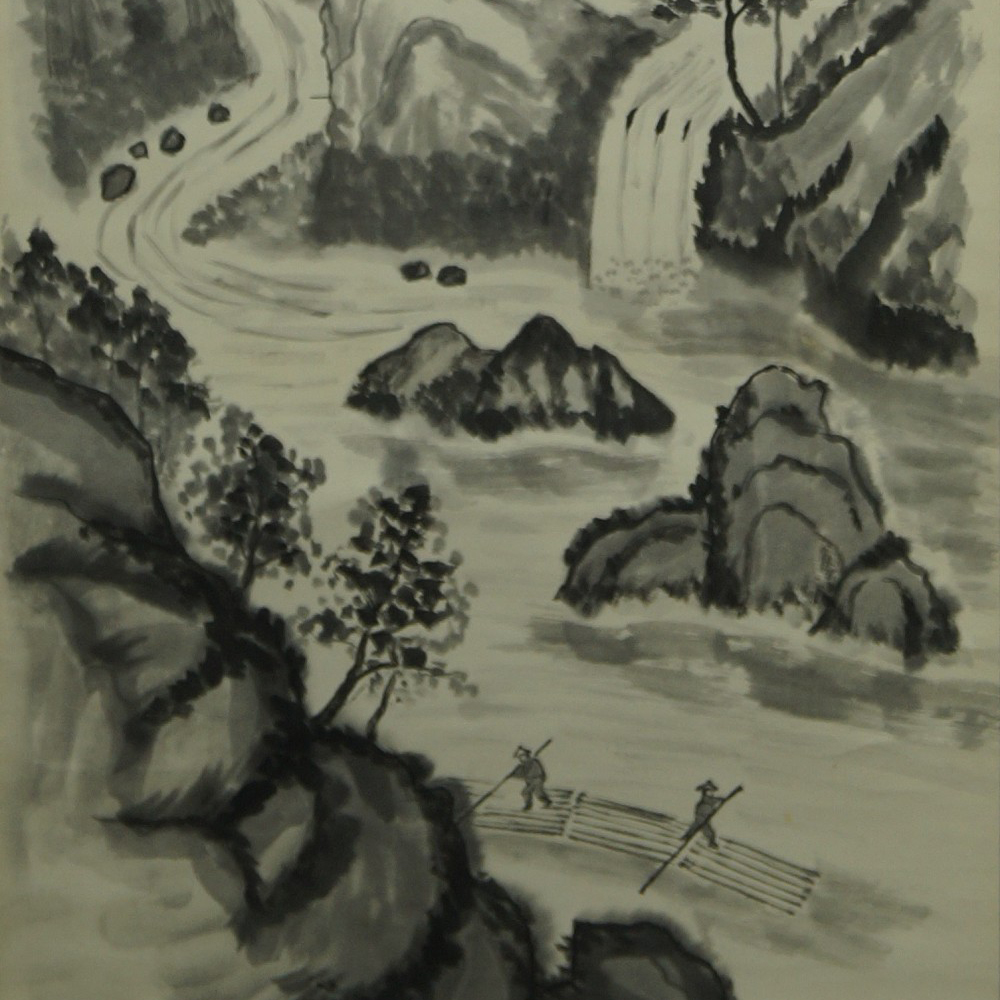 Landschaft mit Wasserfall und Floessern Vorschau Nahaufnahme der Flussszene mit Wasserfall und Floessern Motiv Nahaufnahme Vorschau