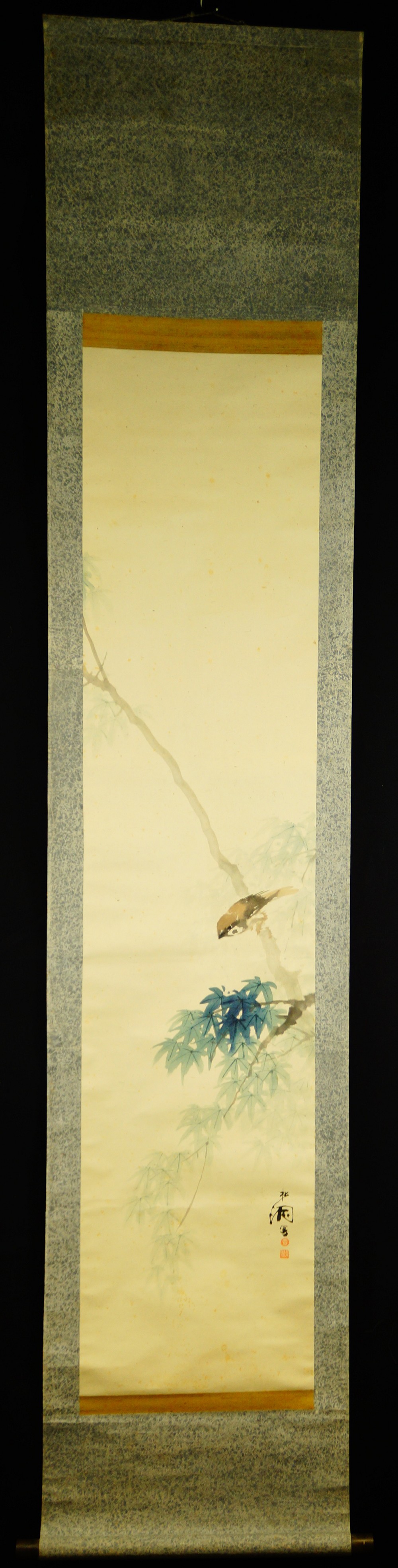 Spatz auf Bambuszweigen Kakemono von Matsuura Shodo Gesamtansicht Rollbild