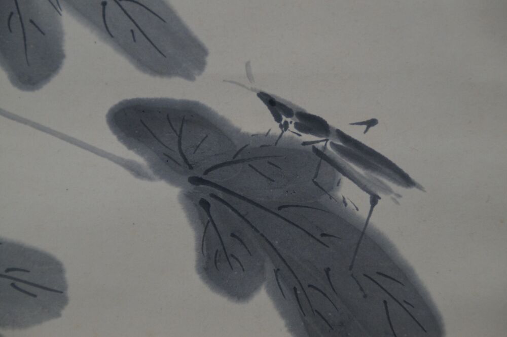 Nahaufnahme des Grashuepfers auf einem Blatt im Kakemono Hibiskusblueten und Grashuepfer