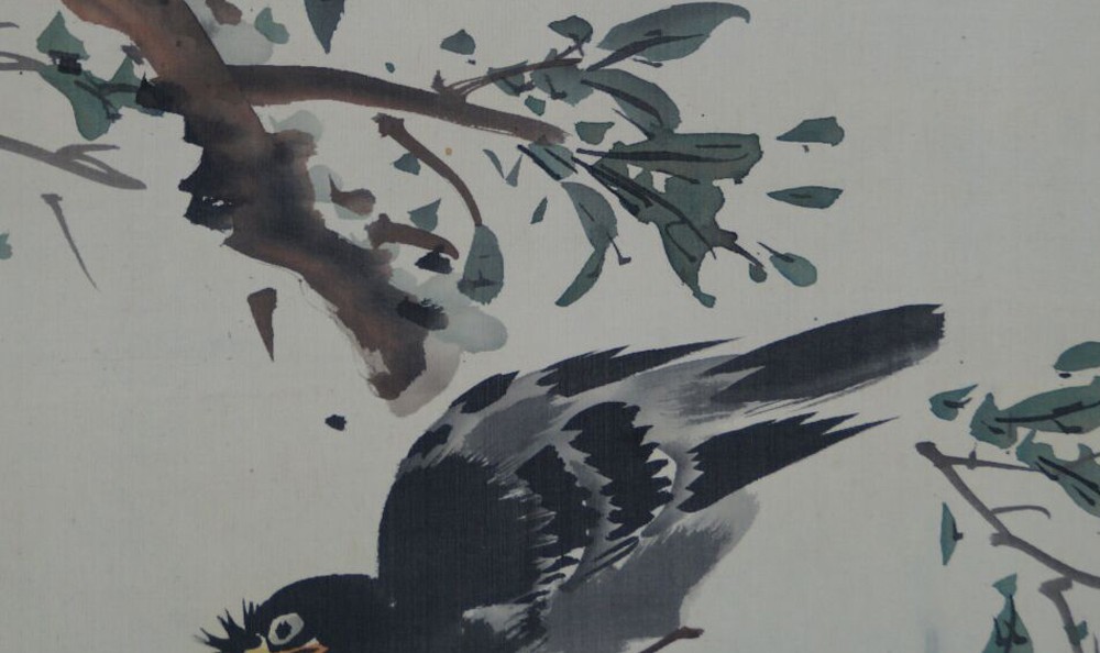 Kakemono von Yamada Shūhei: Star auf einem Granatapfelzweig, in Farbe auf Seide.