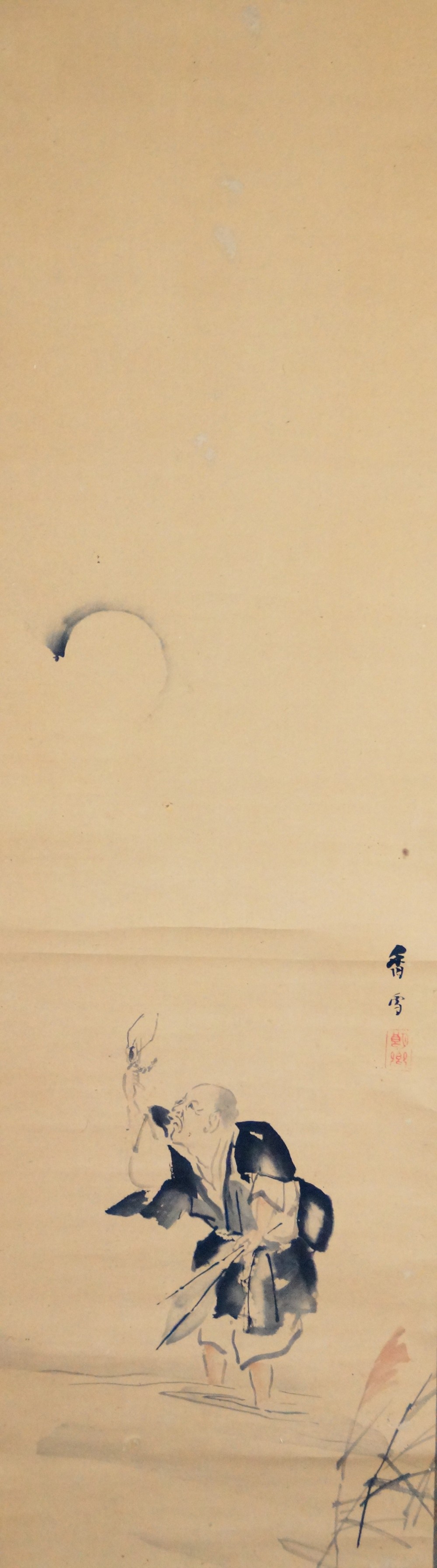 Gesamtmotiv ohne Rahmung mit einem Moench beim Garnelenfang und Vollmond von Yamauchi Kosetsu