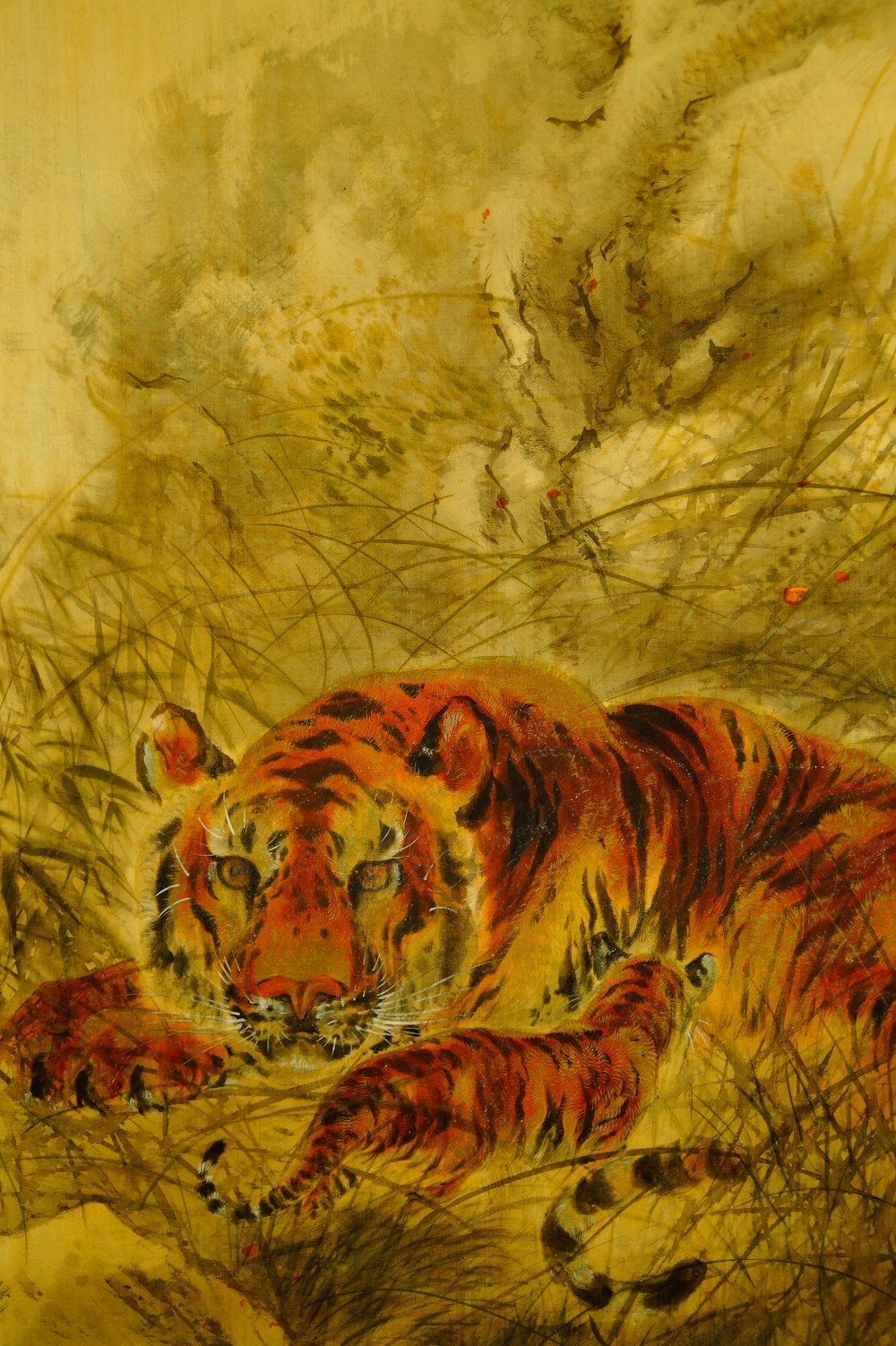 Tiger und Junges Kakemono von Tamaoki Raiseki Tiger-Motiv Nahaufnahme
