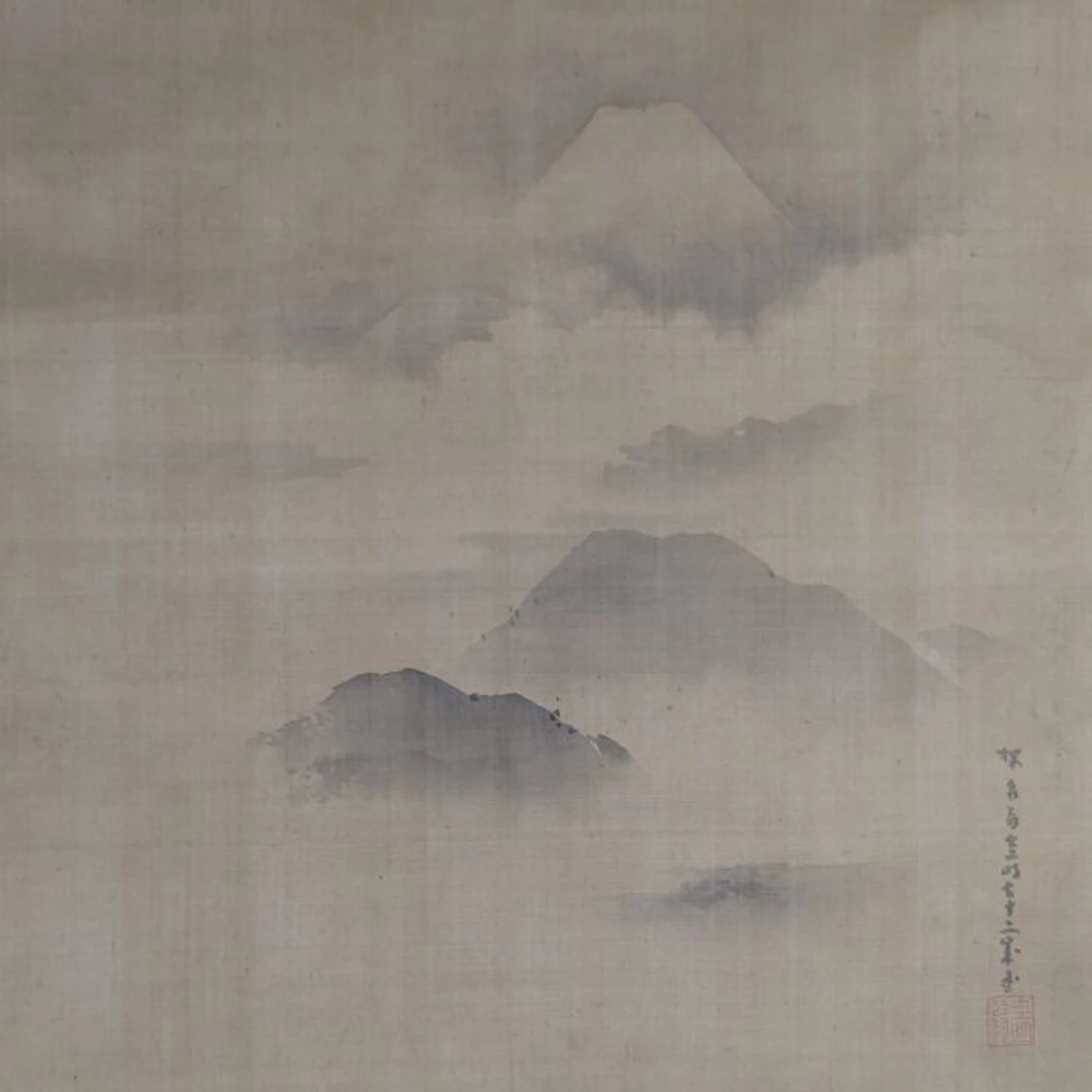 Weitere Ansicht des Fuji ueber Wolken und Bergketten mit Kuenstlersignatur im Kakemono Fuji in wolkenverhangenen Hoehen, ohne Rahmung