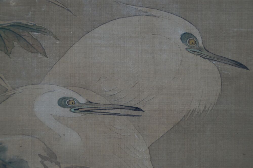 Gros plan des têtes des deux hérons dans le Kakemono Hérons dans la splendeur silencieuse des pivoines