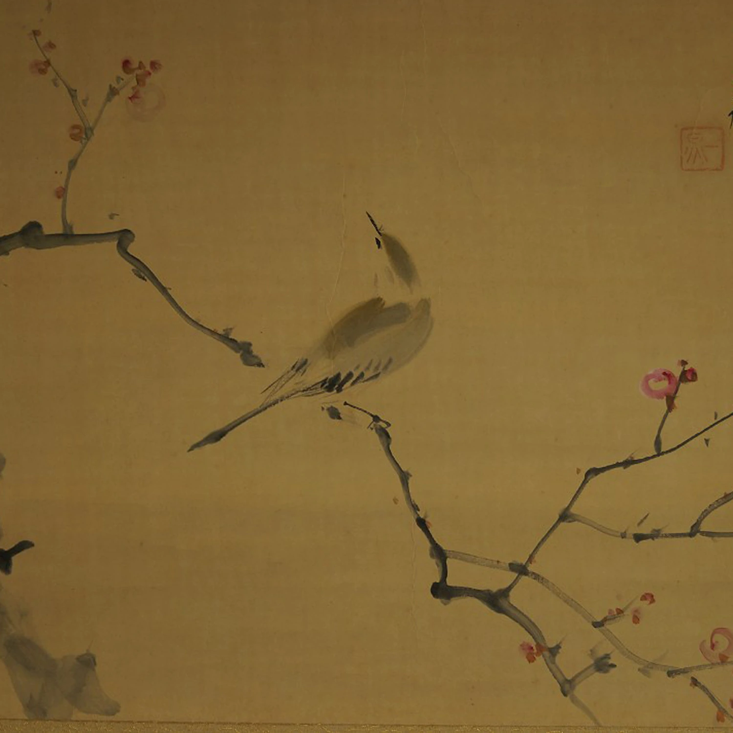 Japanisches Rollbild Vogel am Pflaumenbaum Motiv Nahaufnahme Vorschau