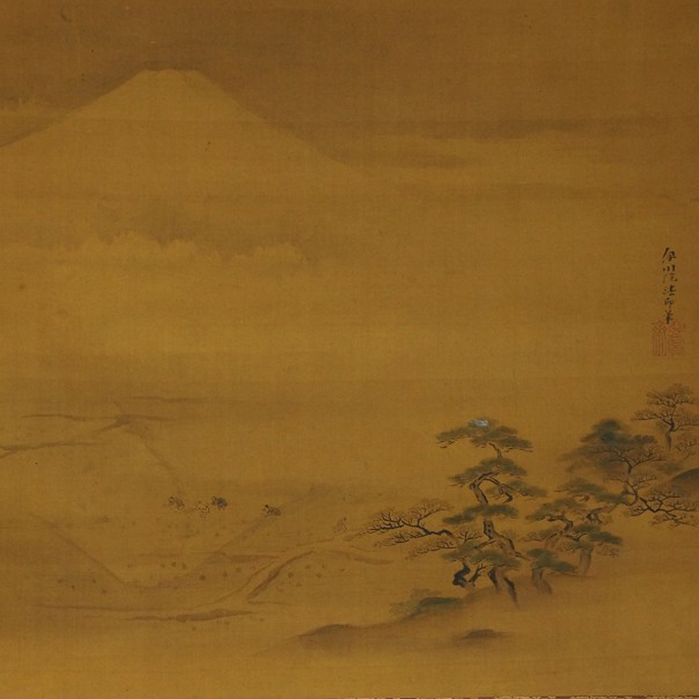 Fuji-San hinter Kiefernhuegel von Kano Naganobu Motiv Nahaufnahme Vorschau
