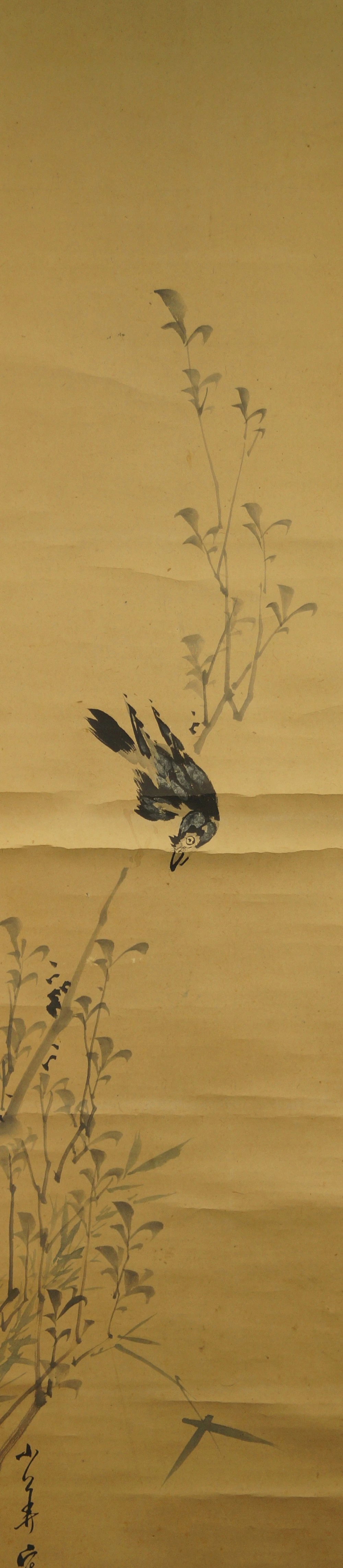 Hanging Scroll Crested Myna on a Leafy Branch Full Motif Without Mounting