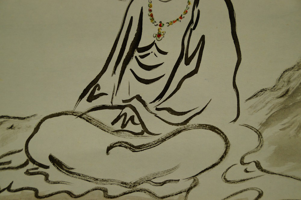 Buddha in meditazione kakemono pennellata primo piano