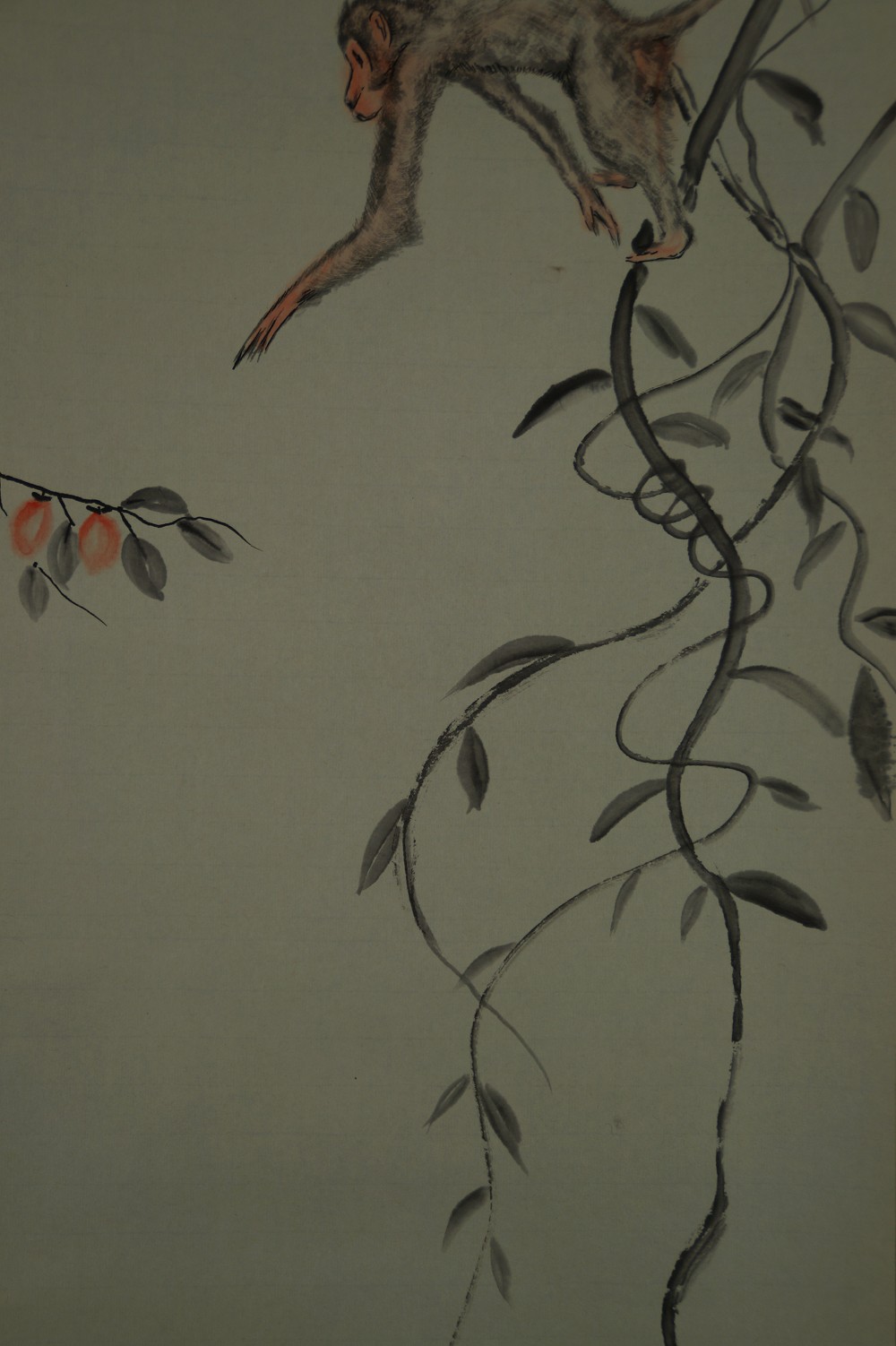 Further Close-Up of the Monkey with Outstretched Arm over the Persimmon Fruit
