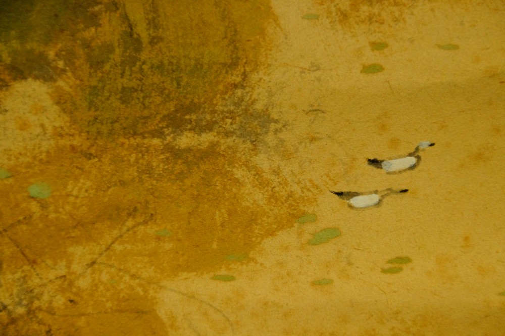 Kakemono idílico paisaje fluvial de Sano Mitsuho motivo de pájaros primer plano 3