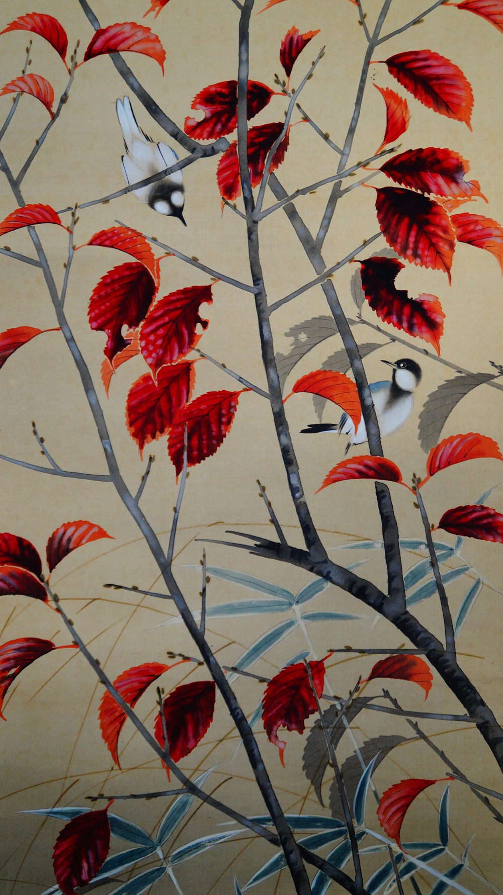 Herbstwind im Bambushain Kakemono von Abe Kinshu Herbstlaub-Motiv Nahaufnahme 2