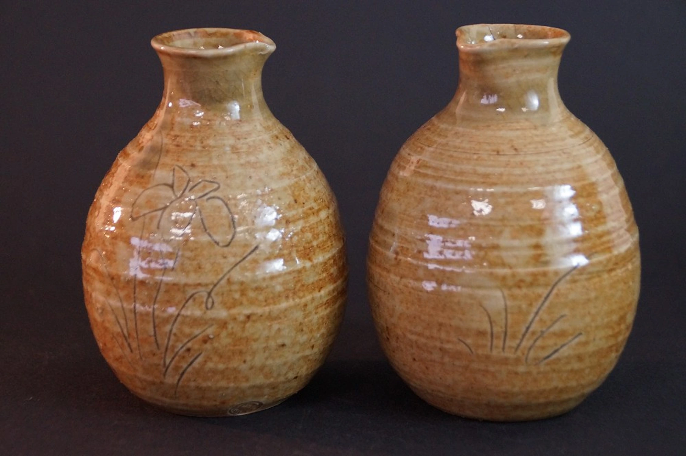 Vista frontale delle due bottiglie da sakè in ceramica di Seto tornite a mano con motivo a iris