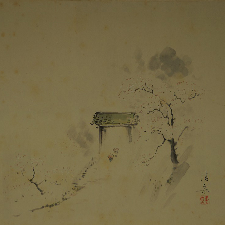 Preview close-up of the torii with blossoming trees and tiny traveler figure