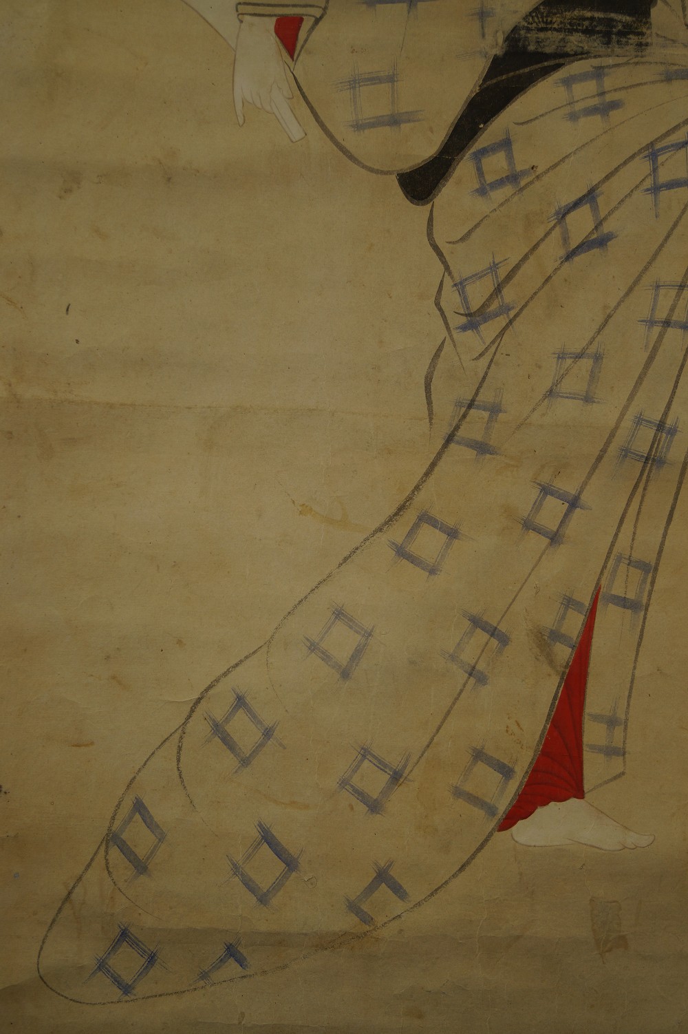 Piękność w kimonie zwój wiszący (kakemono) kimono i stopa z bliska
