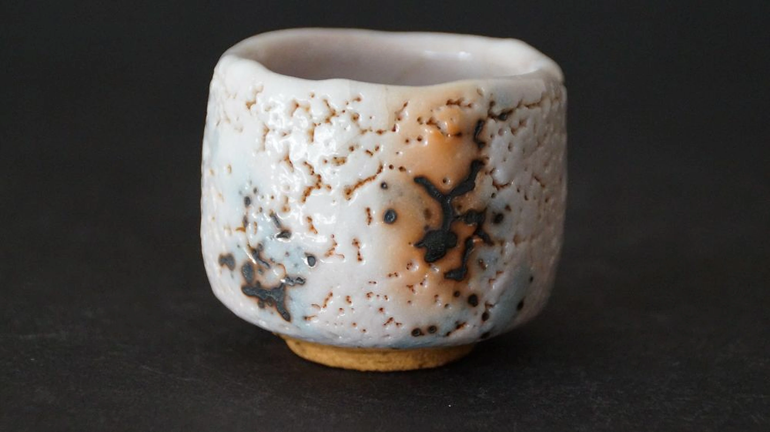 Vista frontal del Guinomi de cerámica Shino por Takeshi Kato con esmalte cuarteado y manchas de hierro