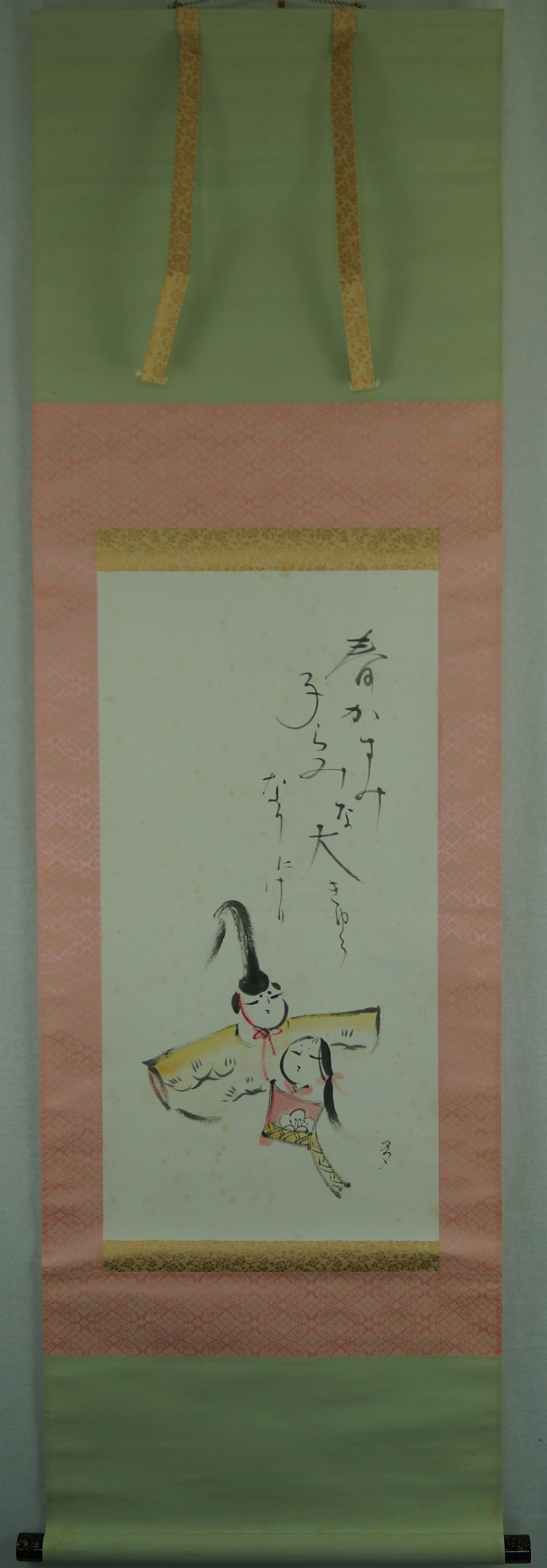 Hina Puppen mit Gedicht Kakemono Gesamtansicht Rollbild
