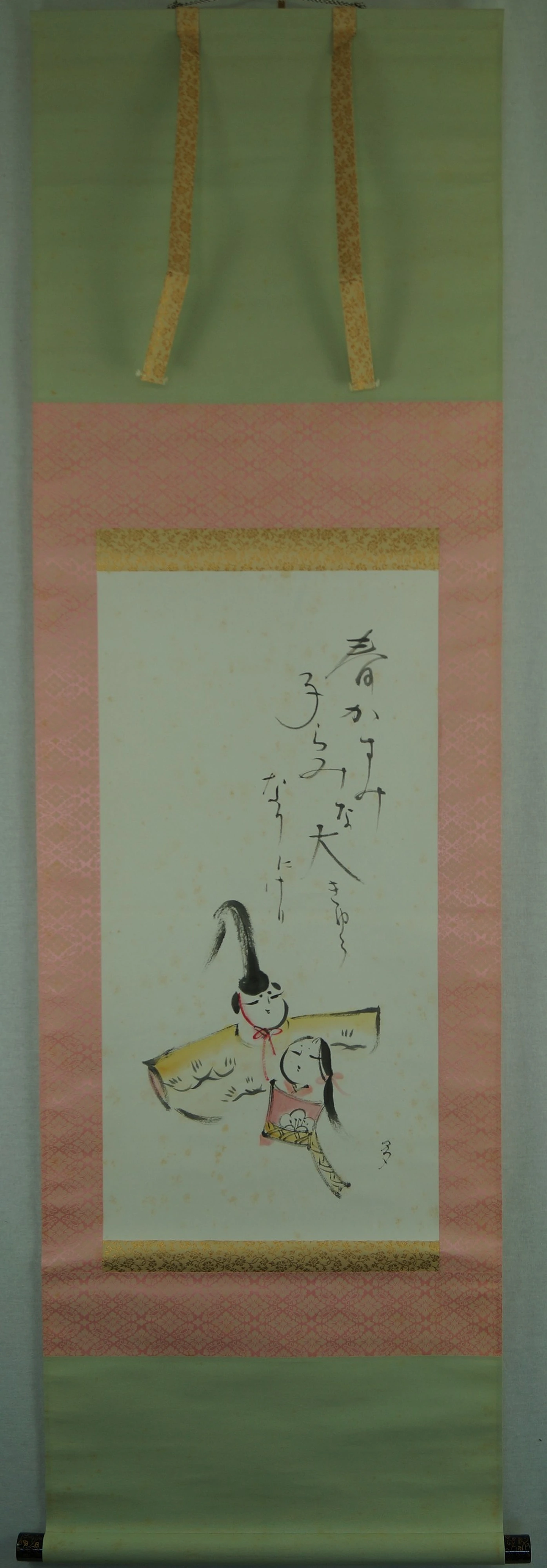 Hina Puppen mit Gedicht Kakemono Gesamtansicht Rollbild