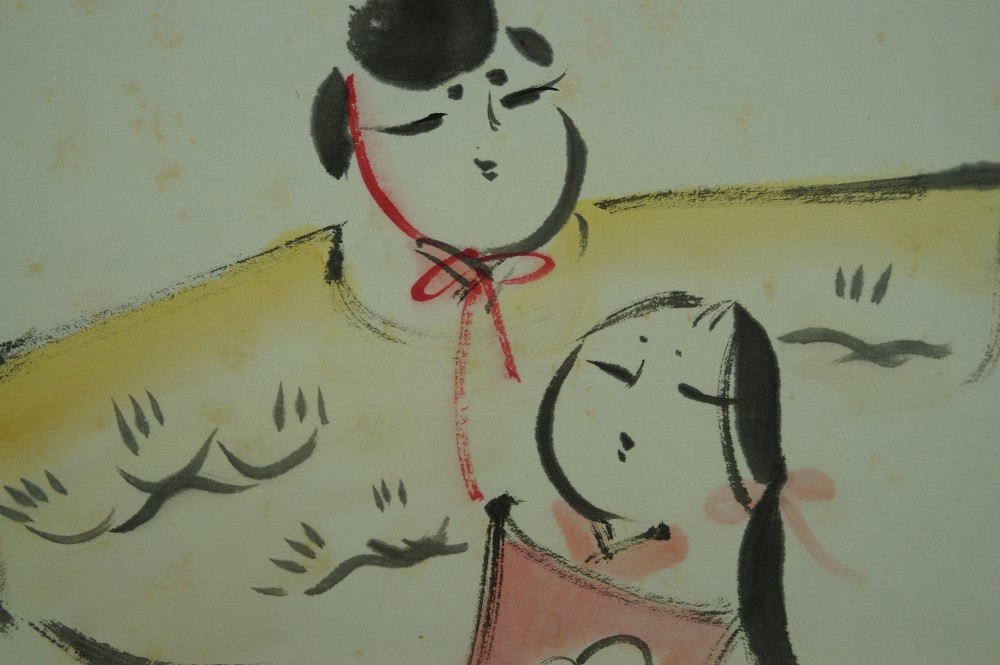 Hina Puppen mit Gedicht Kakemono Hina-Puppen-Motiv Nahaufnahme 2