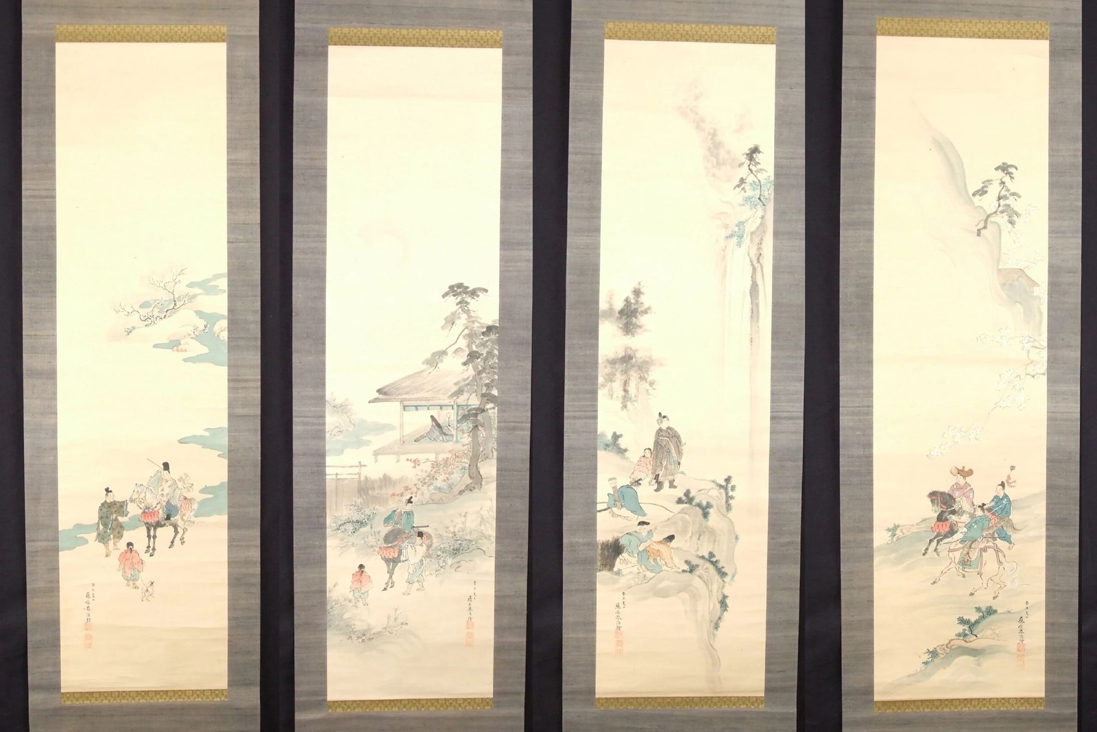 Vierteiliges Kakemono-Set der vier Jahreszeiten: vier Rollbilder mit Legendenszenen nebeneinander