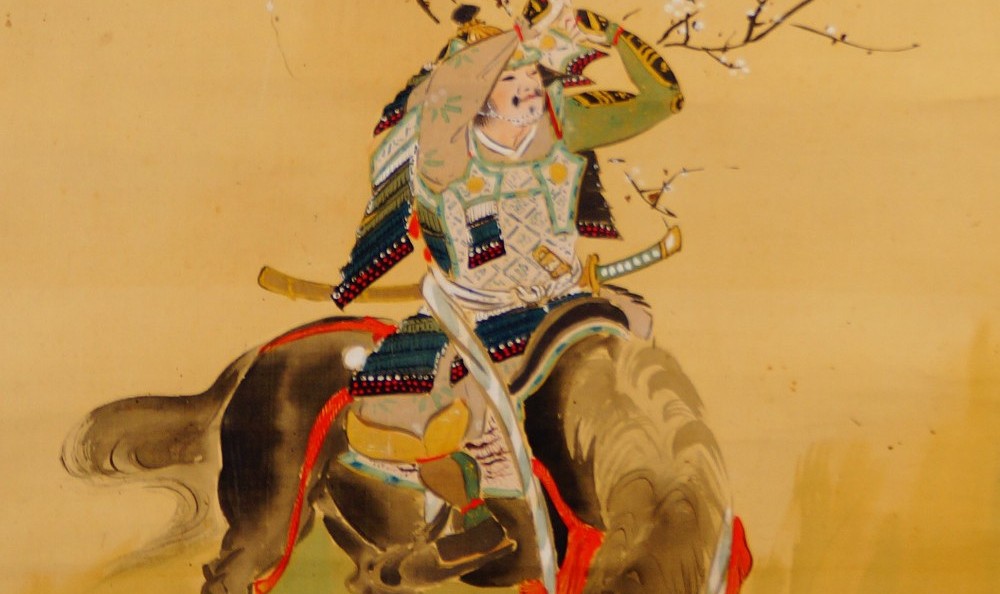 Kakemono von Ōtsuka Shunrei: Samurai mit Pferd, in Farbe auf Seide gemalt.