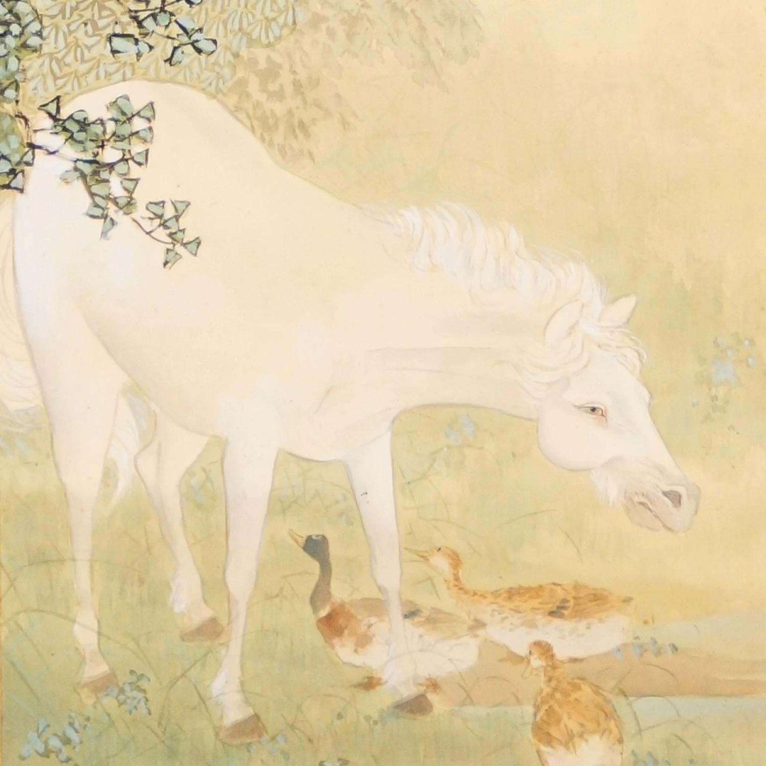 White horse under a leafy tree with ducks by the water's edge, kakemono by Sobun