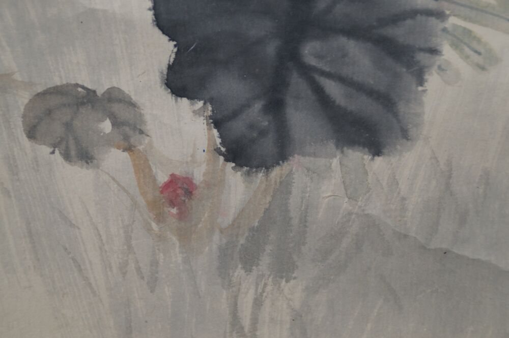 Detail View of Dark Foliage and Red Blossom in the Hanging Scroll Puppy in Sunset Glow Under Pines