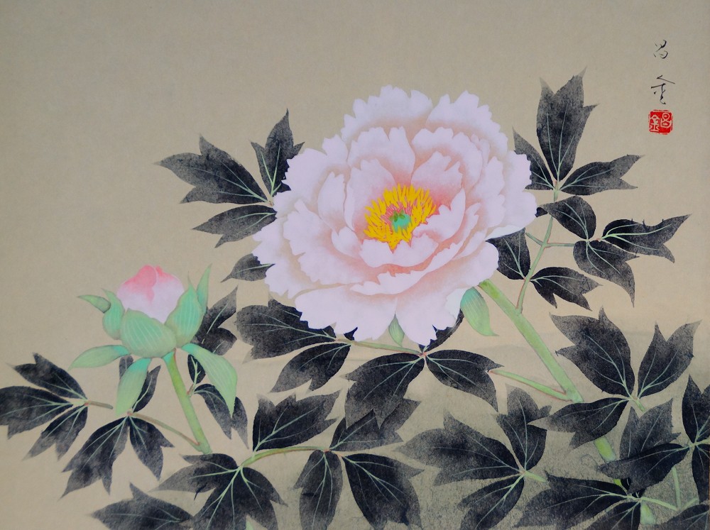 Gesamtmotiv ohne Rahmung mit Pfingstrose, Knospe und Signatur von Satomi Shokin