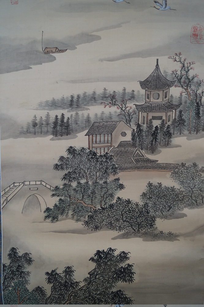 Paysage au clair de lune Kakejiku gros plan sur le motif de la pagode