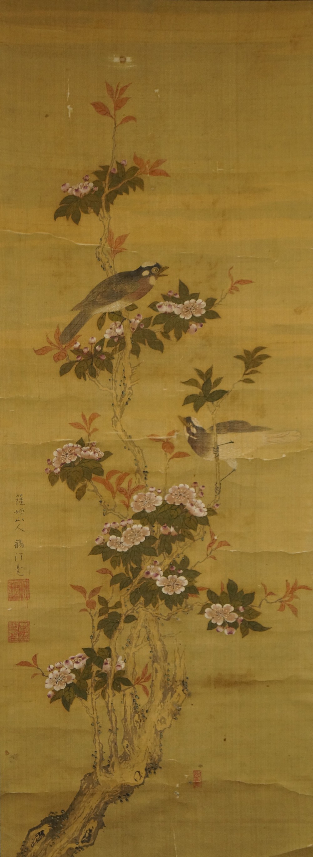 Kakemono Bunter Vogel im Rosengarten Gesamtmotiv ohne Rahmung