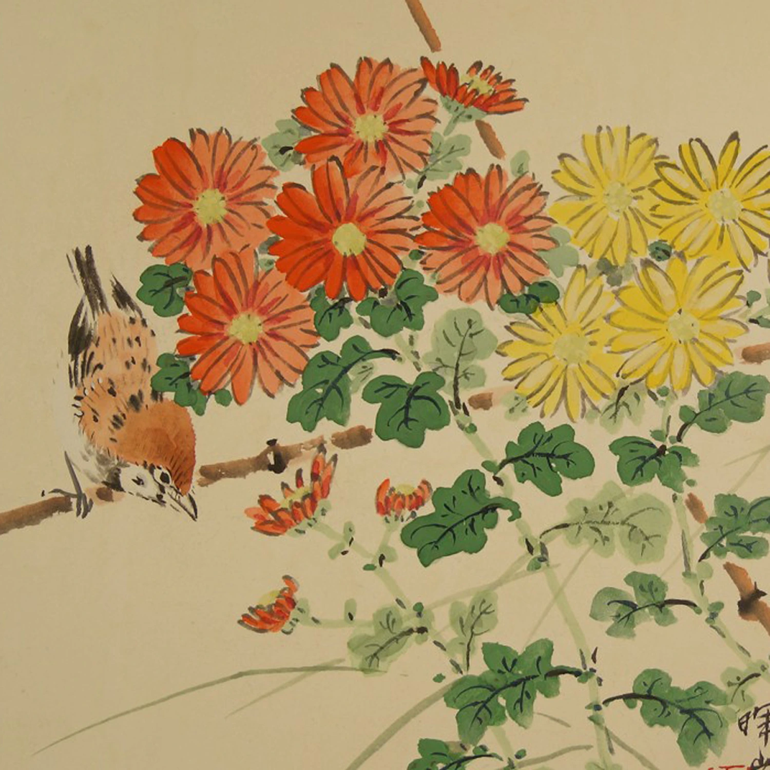 Shikishi Spatz und Chrysanthemen Motiv Nahaufnahme Vorschau