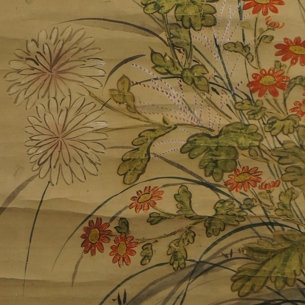 Japanisches Rollbild Chrysanthemen Motiv Nahaufnahme Vorschau