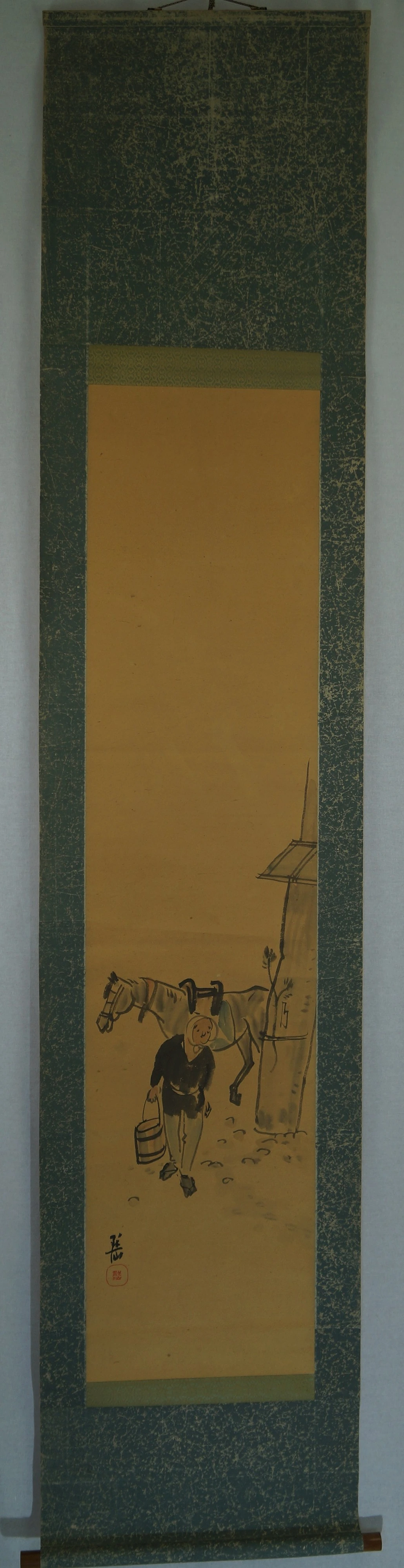 Portatore d'acqua presso il cavallo legato, kakemono, vista d'insieme rotolo verticale